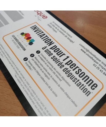 Chèque cadeau "Soirée dégustation" valable 1 an à partir de la date d'achat pour 1 personne